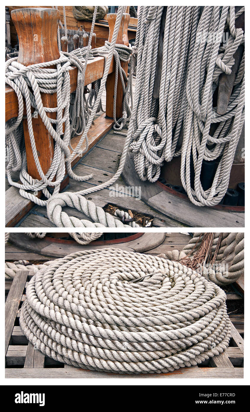Ropes on deck, naval collage on yachting equipment Stock Photo
