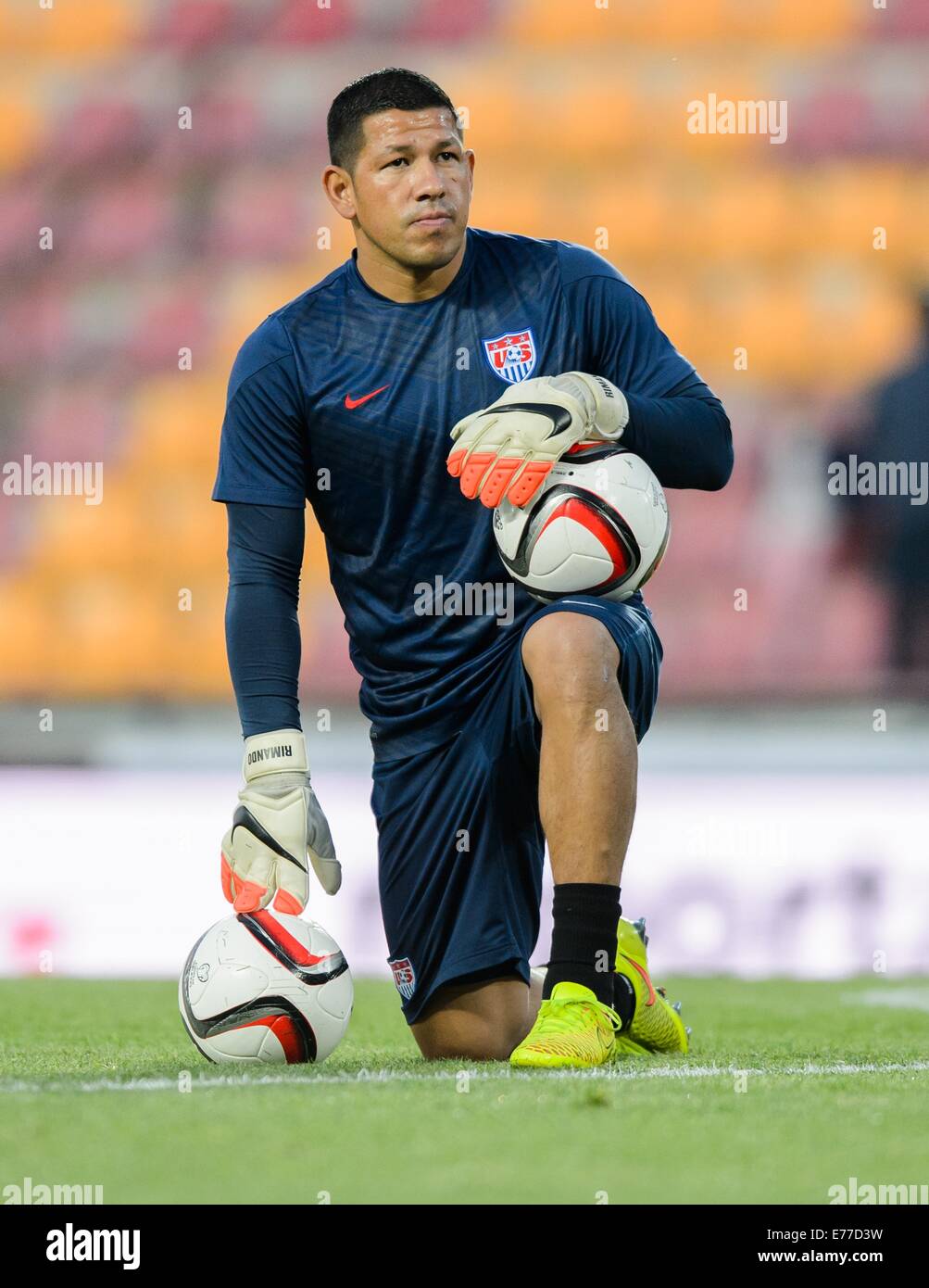USA's goalkeeper Nick Rimando warms up before the friendly soccer match between Czech Republic and the USA at Generali Arena in Prague, Czech Republic, 03 September 2014. Photo: Thomas Eisenhuth/dpa Stock Photo