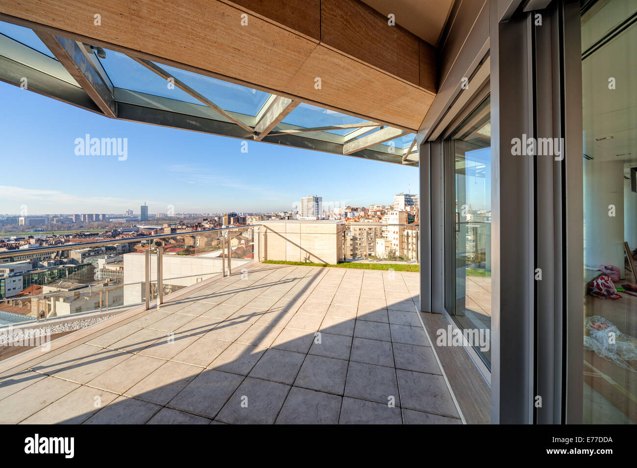 Terrace with metal and glass construction in modern building Stock Photo