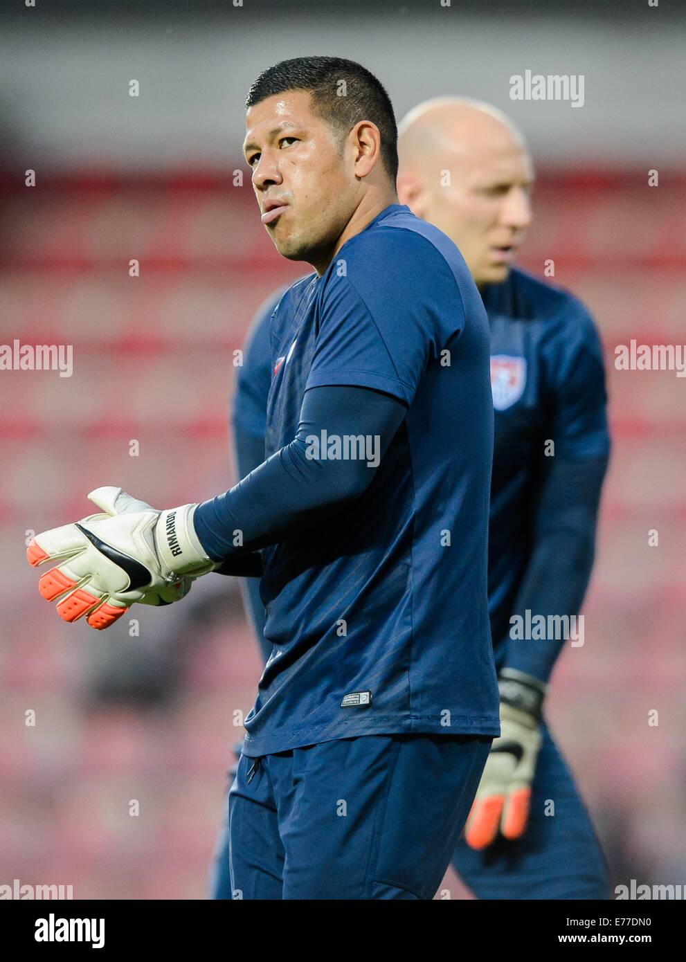 USA's goalkeepers Nick Rimando (L) and Brad Guzan warm up before the friendly soccer match between Czech Republic and the USA at Generali Arena in Prague, Czech Republic, 03 September 2014. Photo: Thomas Eisenhuth/dpa -NO WIRE SERVICE- Stock Photo