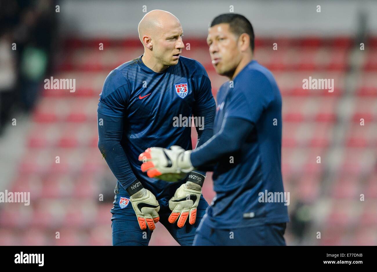 USA's goalkeepers Nick Rimando (R) and Brad Guzan warm up before the friendly soccer match between Czech Republic and the USA at Generali Arena in Prague, Czech Republic, 03 September 2014. Photo: Thomas Eisenhuth/dpa -NO WIRE SERVICE- Stock Photo
