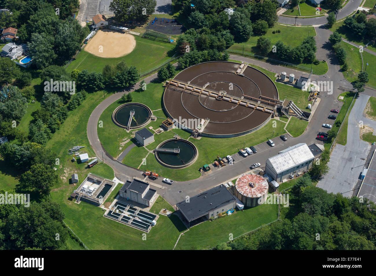 Aerial View Of Municipal Waste Water Treatment Plant Stock Photo