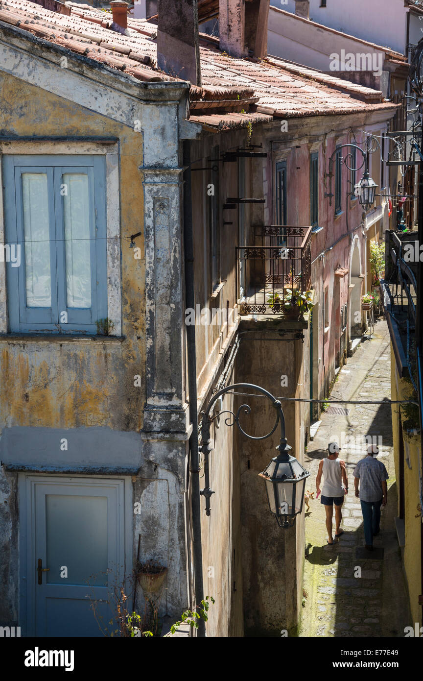 Looking down on pastel coloured houses in Maratea, Basilicata, Southern