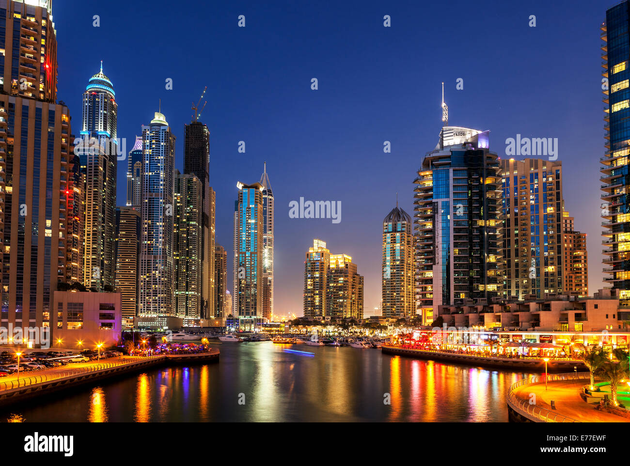 Skyline of modern highrise buildings at Dubai Marina, UAE. Stock Photo