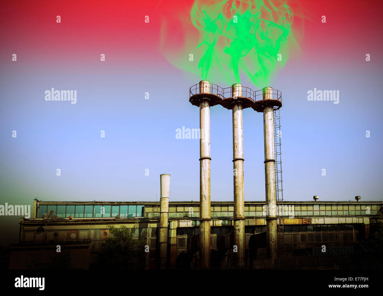 Smoking chimneys, environmental destruction toxic concept. Stock Photo