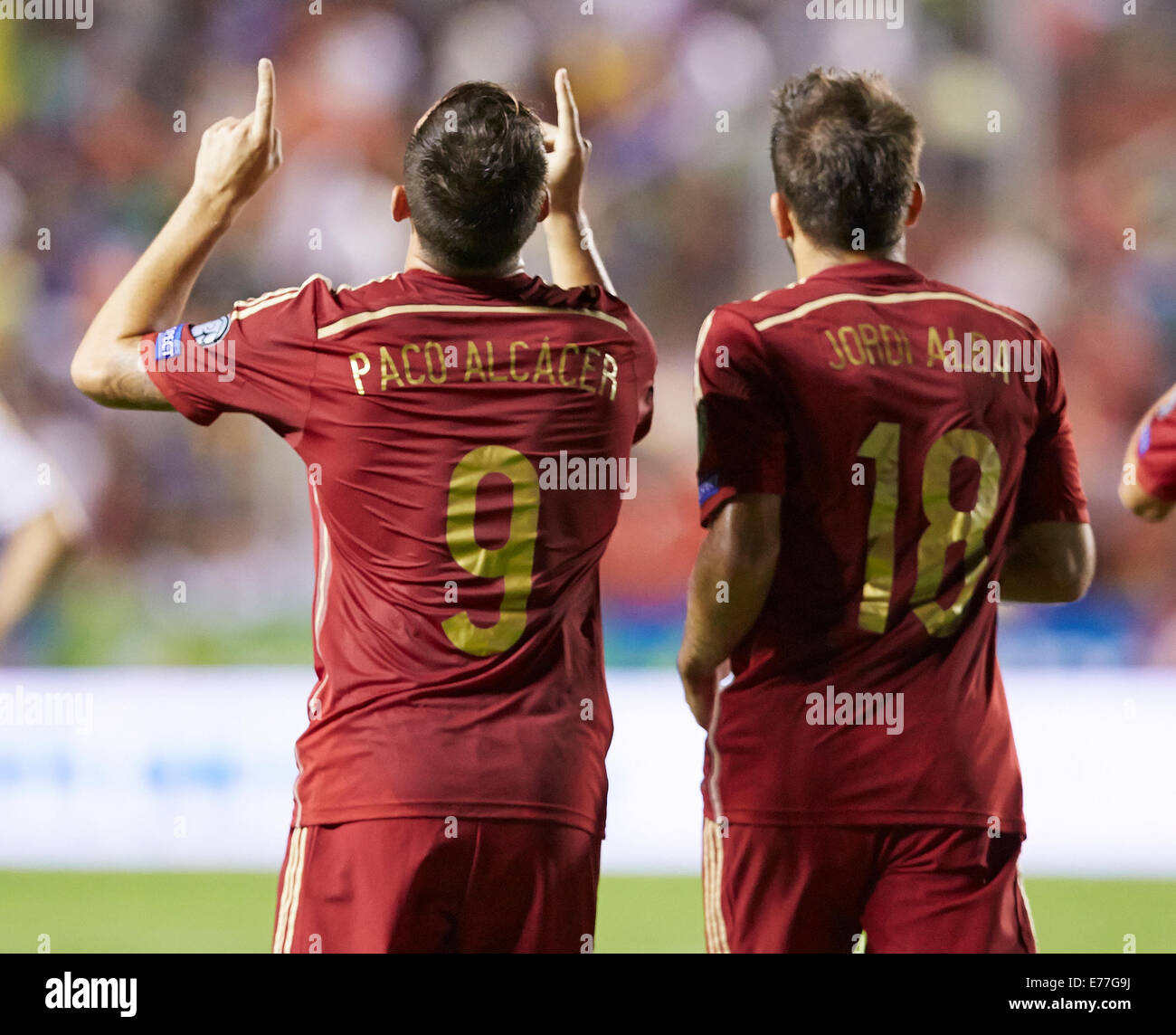 Madrid, Spain. 08th Sep, 2014. Forward Paco Alcacer of Spain (L) celebrates with Koke as he scores the second goal for his team. European Championship Qualifying. Spain versus Macedonia. Credit:  Action Plus Sports/Alamy Live News Stock Photo