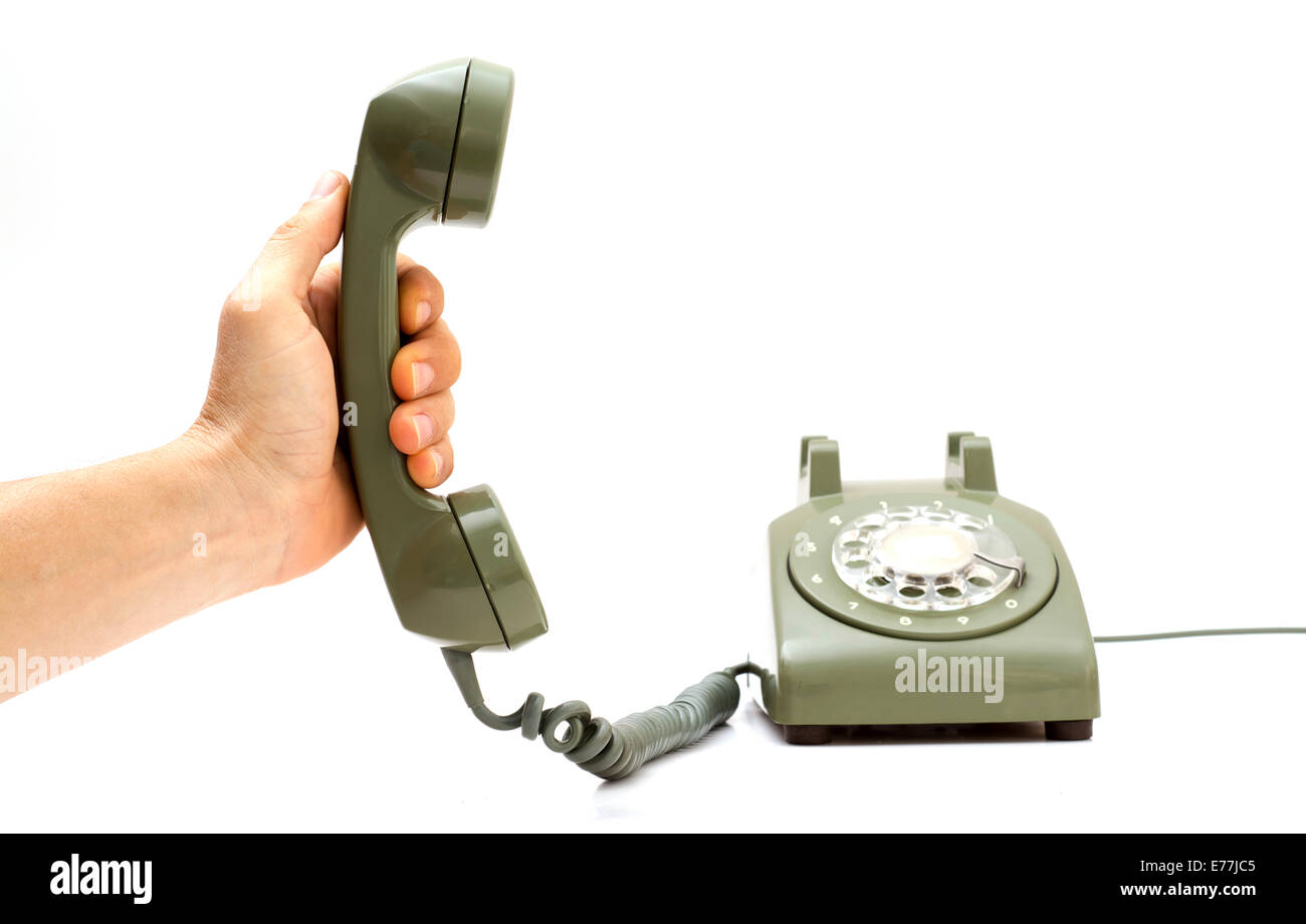Old telephone, answering. Stock Photo