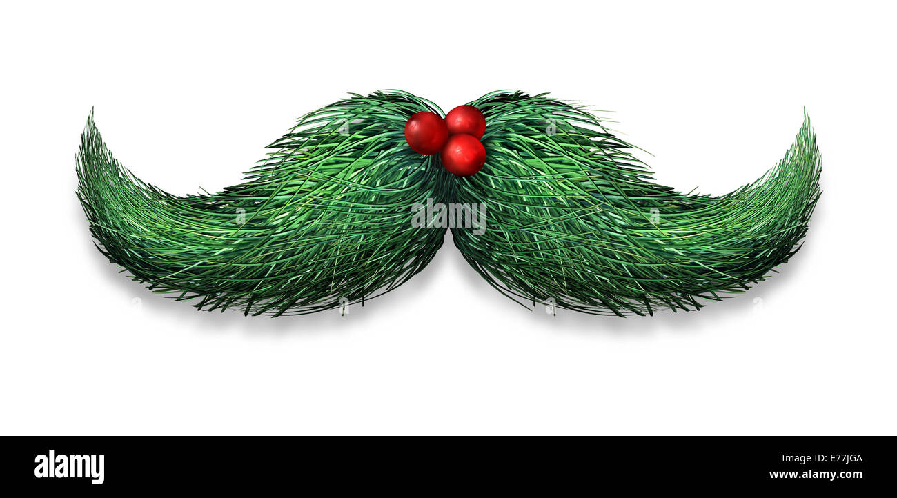 Winter mustache concept decoration made of pine needles and holly berries on a white background as a Christmas or new year symbol for holiday fun and humour. Stock Photo