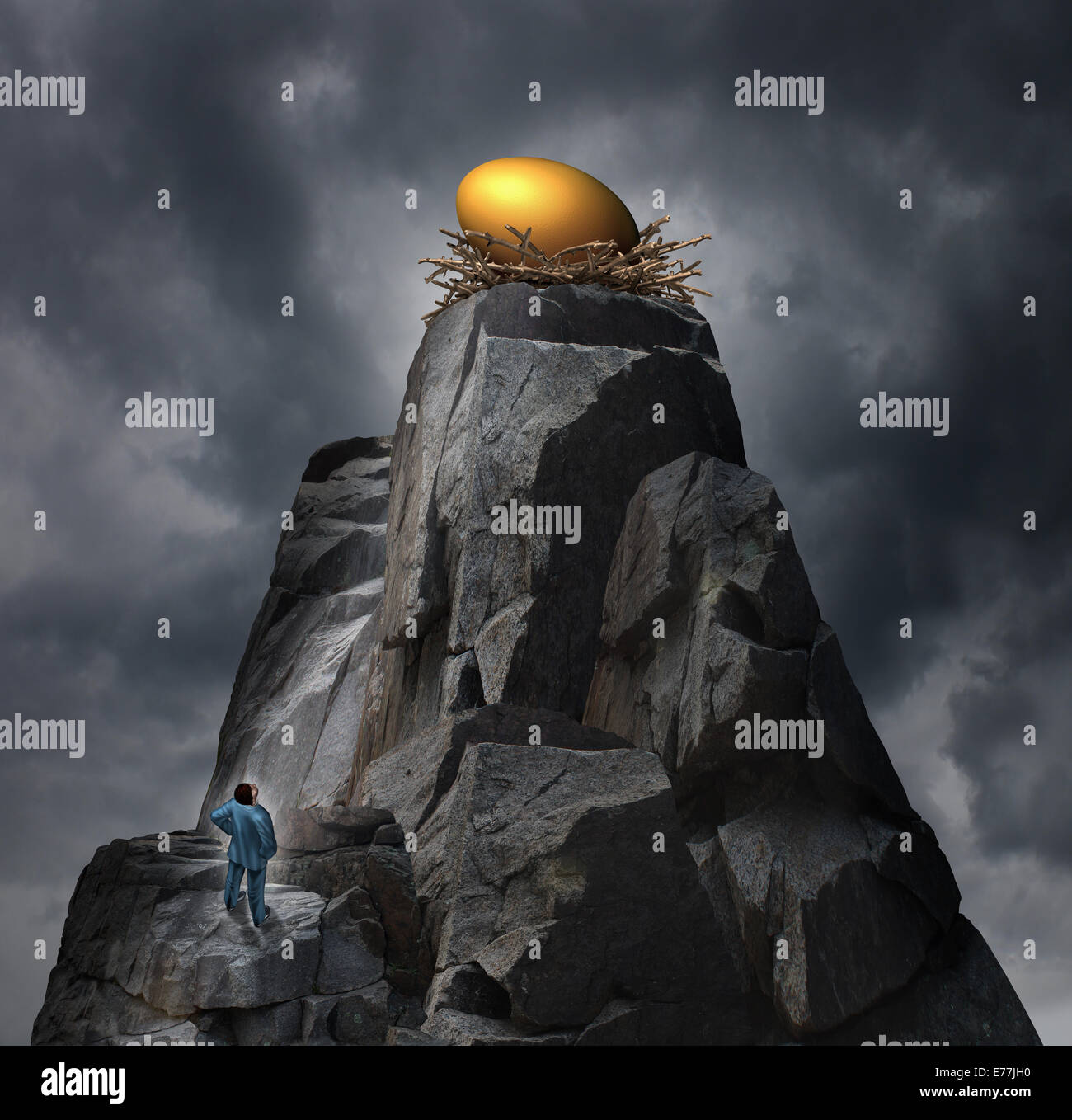 Golden nest egg concept as a retirement plan metaphor with a man standing at the bottom of a rock cliff thinking of a strategy to achieve his financial investment goal perched at the top of a dangerous the high mountain. Stock Photo