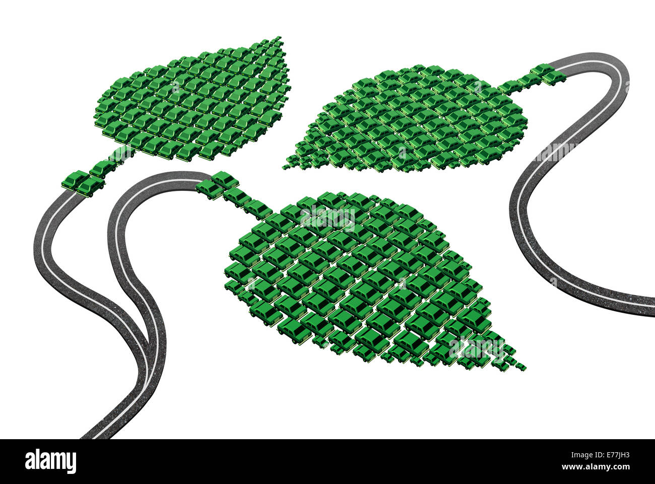 Green transport concept as a group of cars and automobiles in a leaf shape connected with roads as a metaphor for alternative fuel as electric power biofuel or fuel cell hydrogen as a symbol for the future of environmentaly friendly transportation  soluti Stock Photo