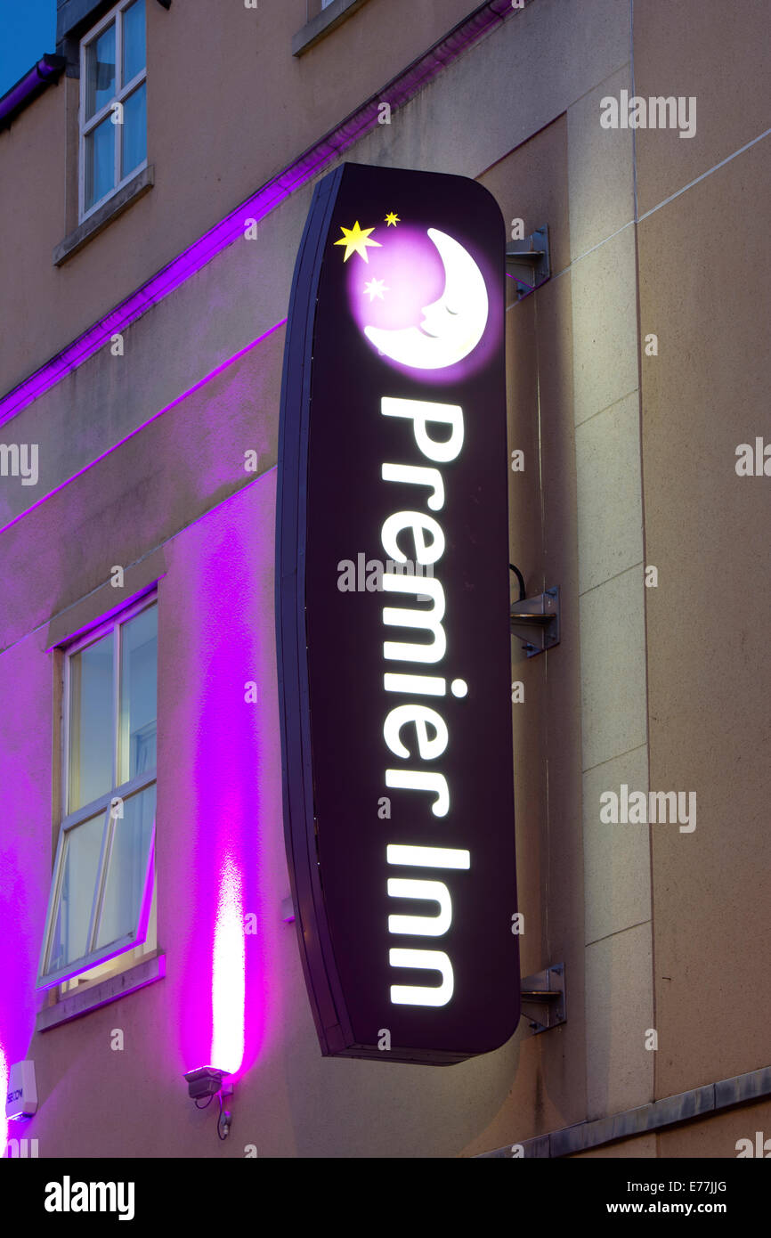 Premier Inn sign at night, Stratford-upon-Avon, UK Stock Photo