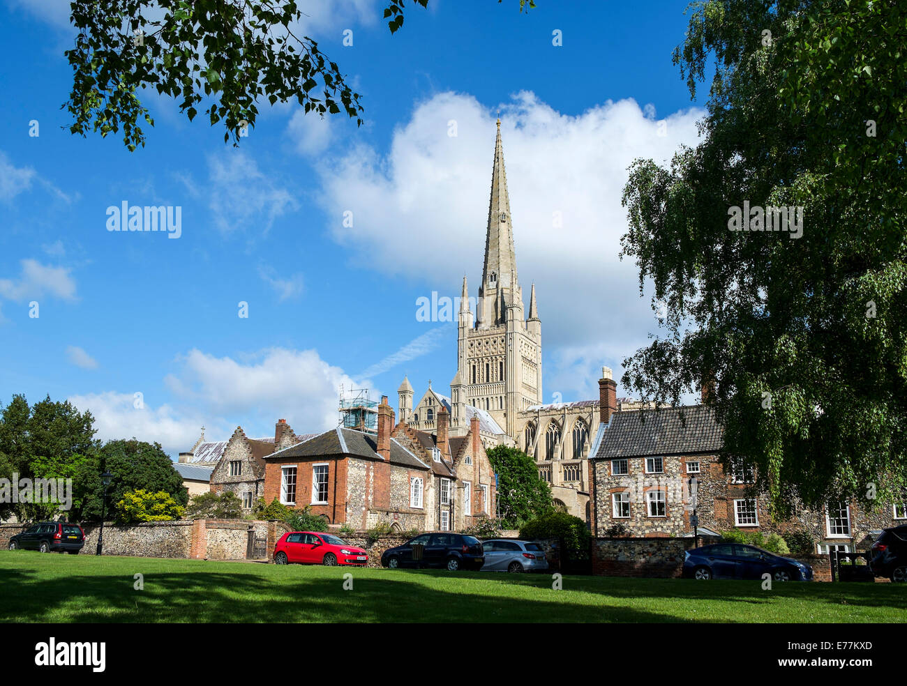 A view of Norwich Cathedral across the grounds. Stock Photo