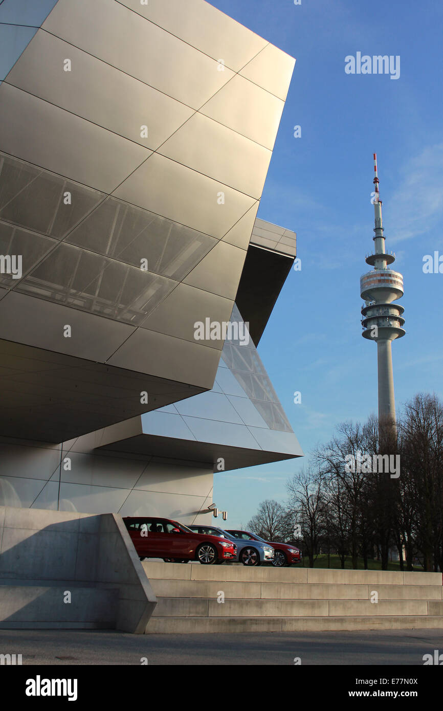 View of the BMW Welt, Münich, Germany and Communication Tower, Olympiaturm. Stock Photo