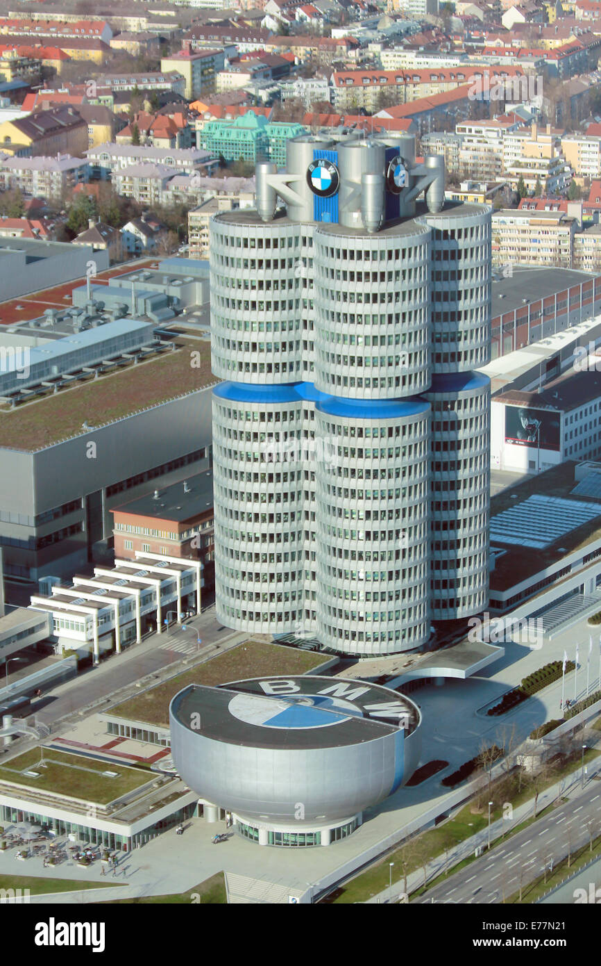 View of the 'Four-Cylinder' building and BMW Museum, Münich, Germany. From the Communication Tower at Olympiapark (Olympiaturm) Stock Photo