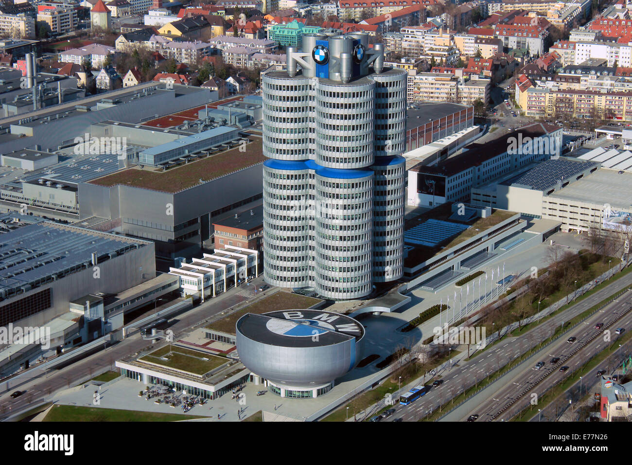View of the 'Four-Cylinder' building and BMW Museum, Münich, Germany. From the Communication Tower at Olympiapark (Olympiaturm) Stock Photo
