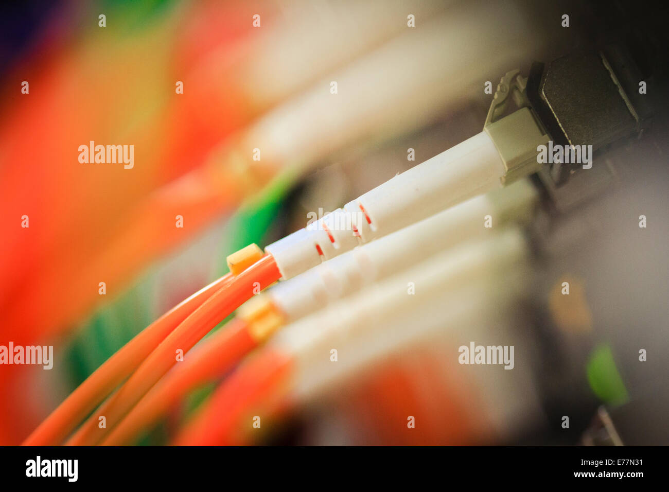 Fiber cables plugged into a high end router machine at a computer data center supporting cloud computing Stock Photo