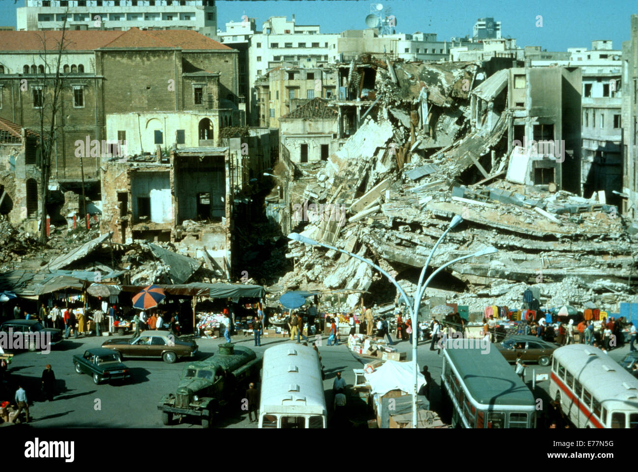 Place des Martyrs in Beirut showing gross damage during the civil war in Lebanon, 1975 Stock Photo