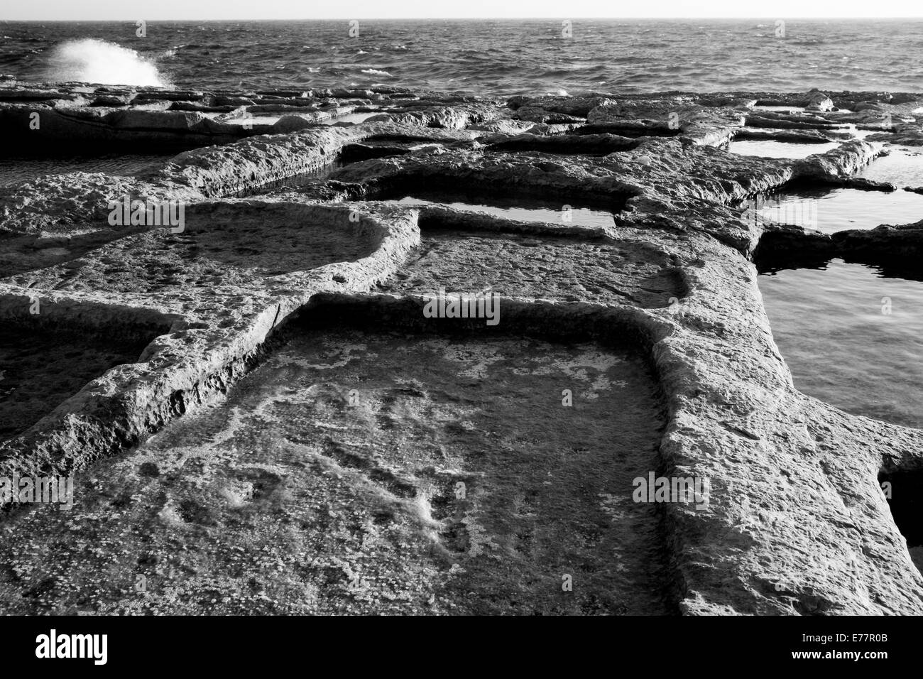 Salt pans on the Mediterranean Island of Gozo Stock Photo
