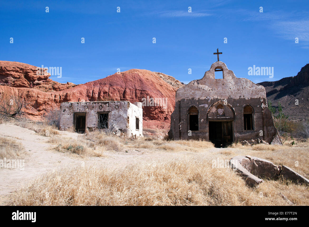 Explore the old western movie set of Streets of Laredo in Big Bend National Park, Texas — a cinematic glimpse into the Wild West past. Stock Photo