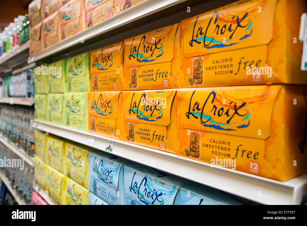 Grocery store with shelves socked with La Croix sparking water. Stock Photo