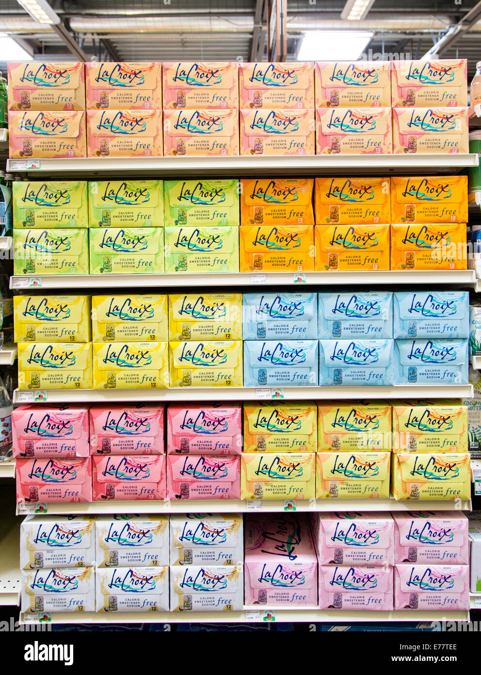 Grocery store with shelves socked with La Croix sparking water. Stock Photo