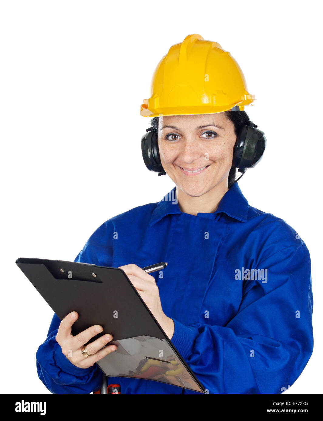 Woman construction worker a over white background Stock Photo - Alamy