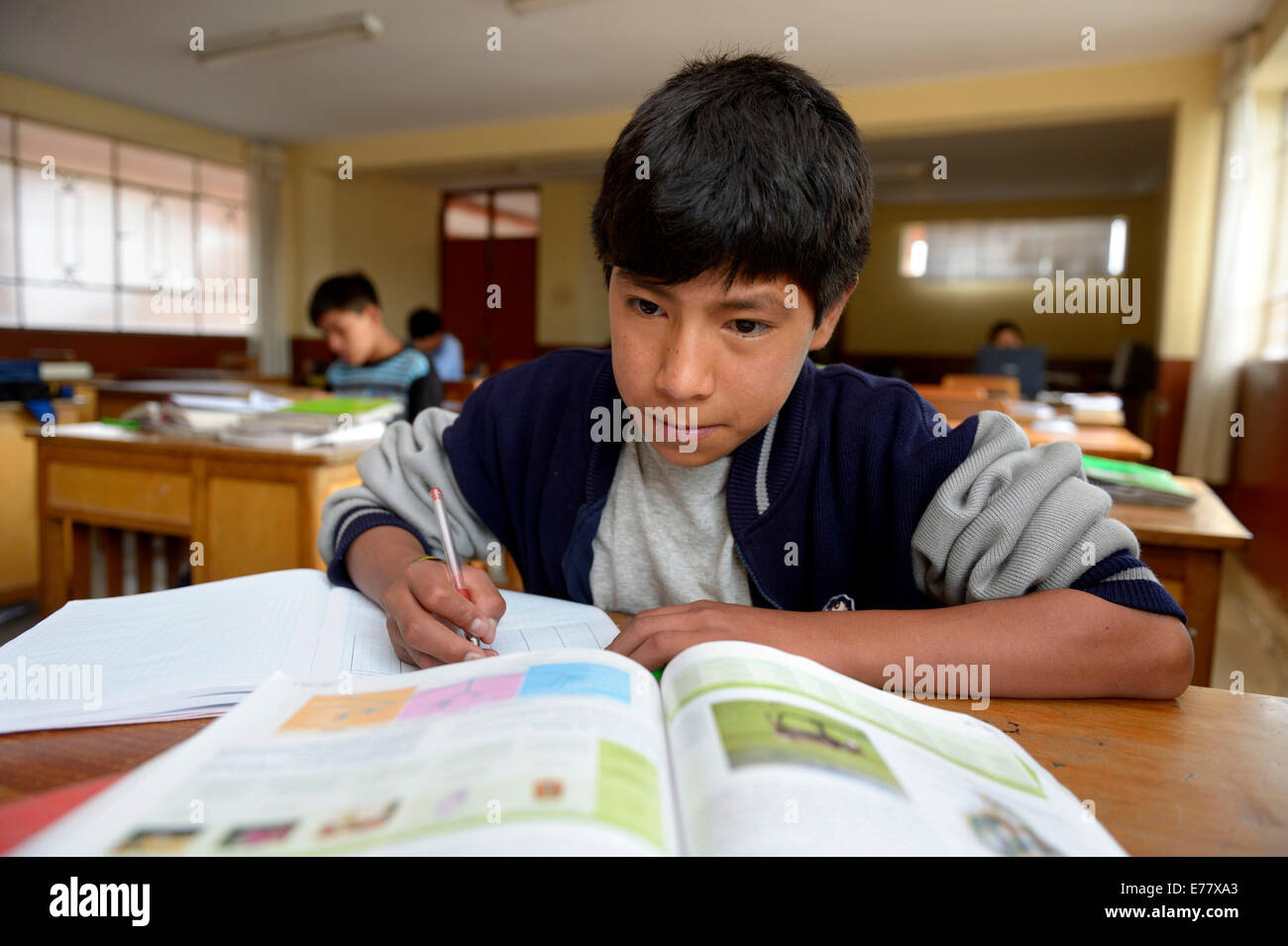 Teenage boy, 13 years, doing his homework in the classroom at a children's home, Ayacucho, Ayacucho region, Peru Stock Photo