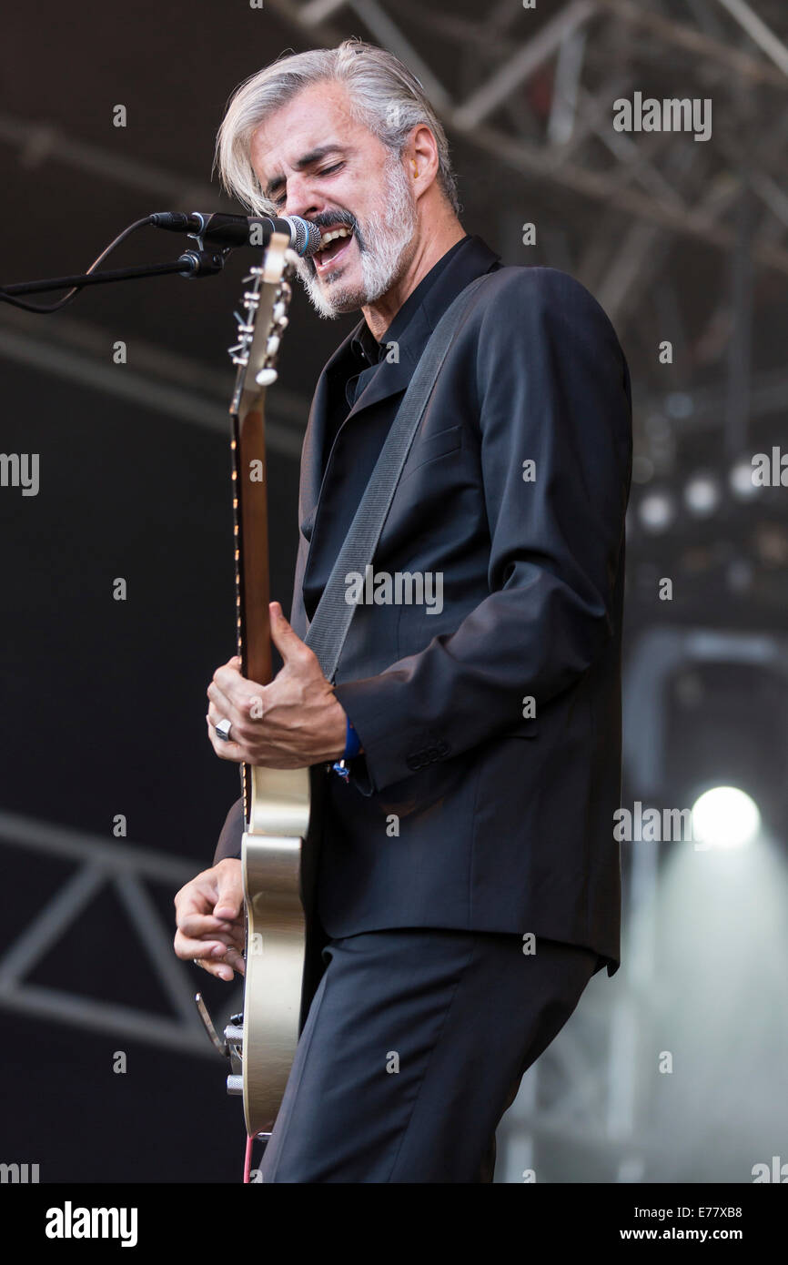Ruben Block, singer and guitarist of the Belgian rock band Triggerfinger,  performing live at Heitere Open Air, Zofingen Stock Photo - Alamy