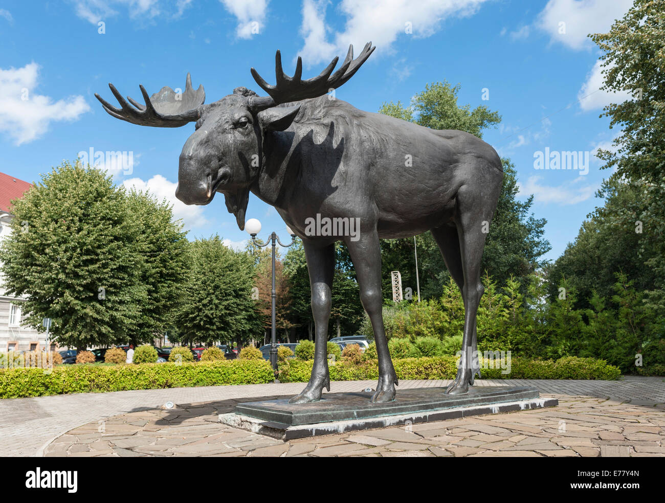 Elk statue, monument, landmark of Tilsit, 1928, by sculptor Ludwig Vordermayer, bronze, statue was in Kaliningrad Zoo for 60 Stock Photo