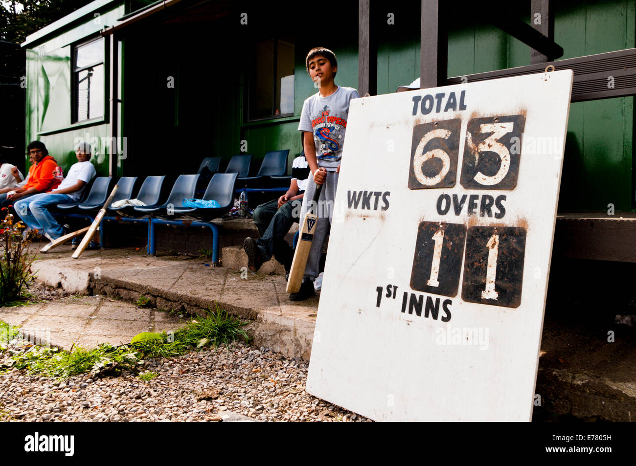 Cricket scoreboard at a cricket match Stock Photo
