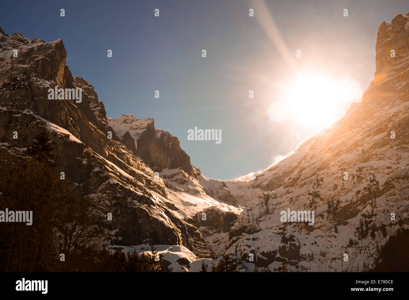 Wetterhorn massive (L) seen from Grindelwald, Switzerland Stock Photo