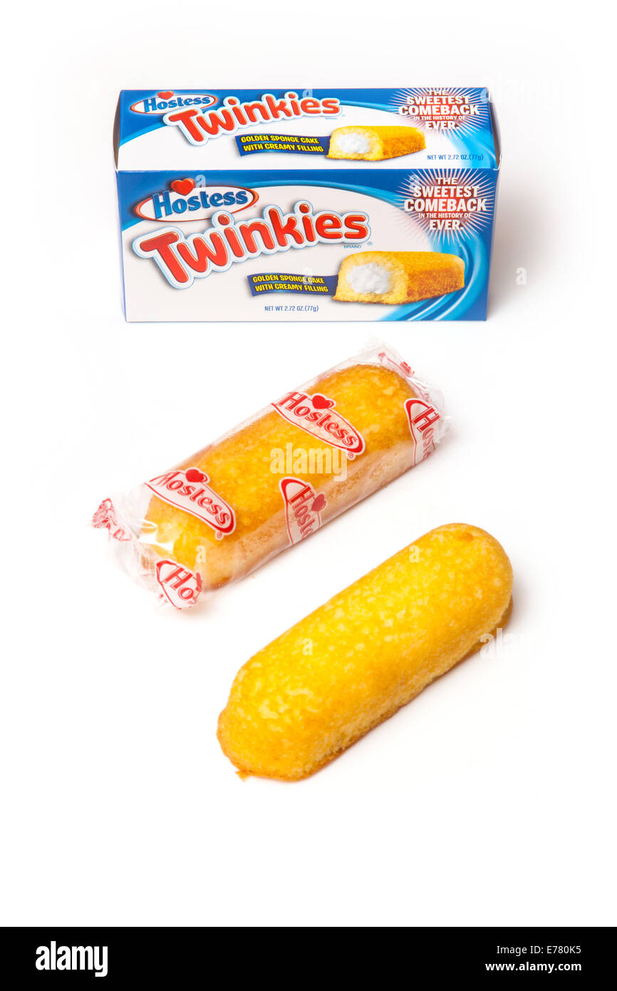 Twinkies American cream filled sponge cakes, isolated on a white studio background. Stock Photo
