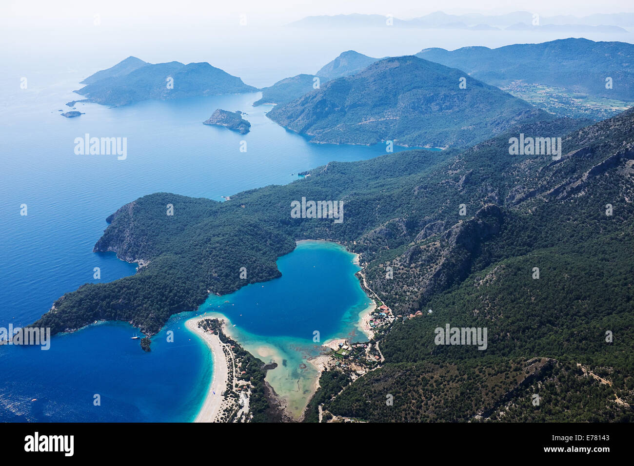 Oludeniz blue lagoon aerial,  beach resort, Fethiye district , Turkey Stock Photo