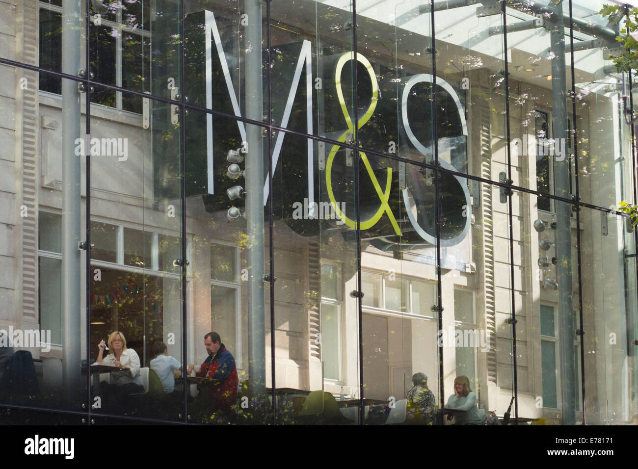 Marks and Spencer sign at a M&S store in Cardiff, Wales. Stock Photo