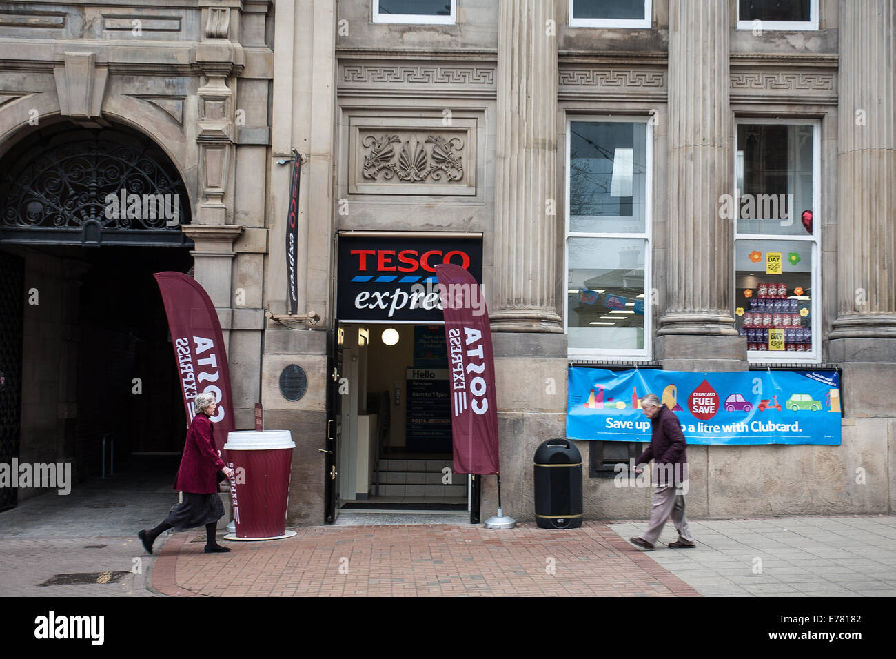 Tesco Express Local small Supermarket and Costa Coffee on Church Street in Sheffield South Yorkshire UK Stock Photo