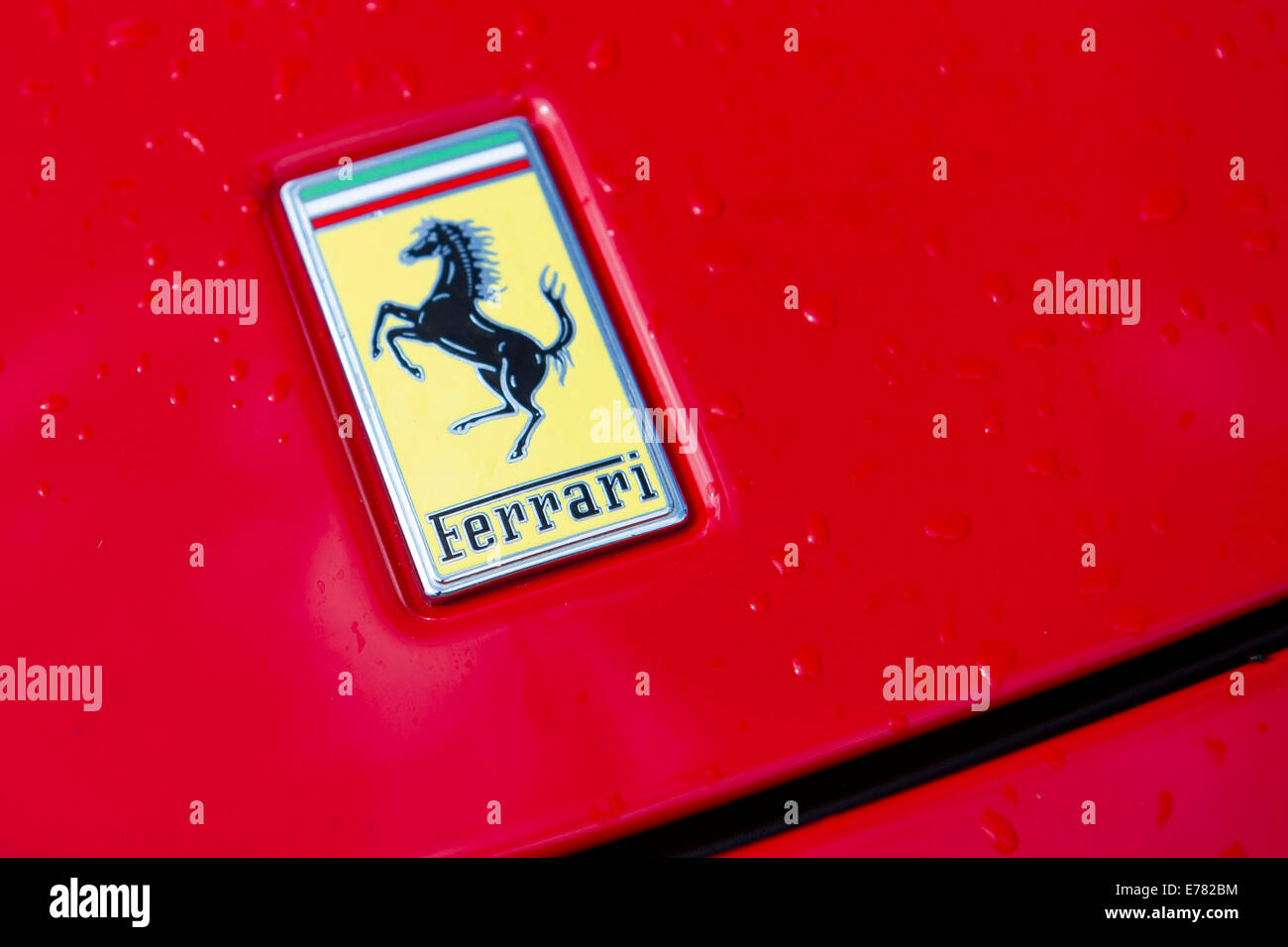 Ferrari logo on bonnet of red Ferrari car. Stock Photo