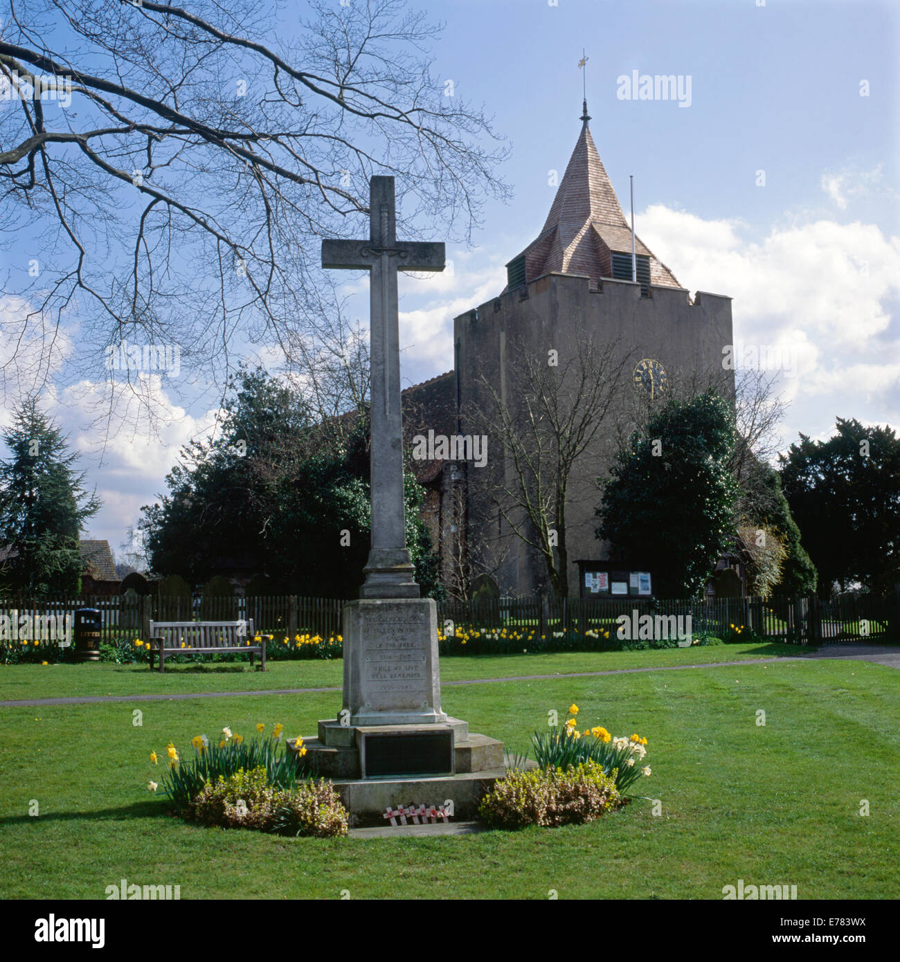 War memorial and St Bartholomew's church, Otford, Kent, England Stock Photo