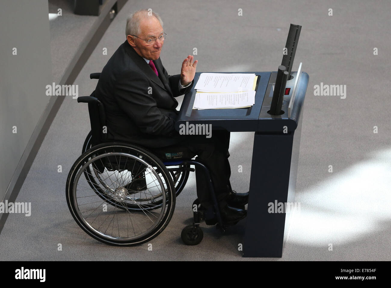 Berlin, Germany. 9th Sep, 2014. German Finance Minister Wolfgang Schaeuble speaks during a debate on the 2015 federal budget at the Bundestag, the lower house of parliament, in Berlin, Germany, on Sept. 9, 2014. Credit:  Zhang Fan/Xinhua/Alamy Live News Stock Photo