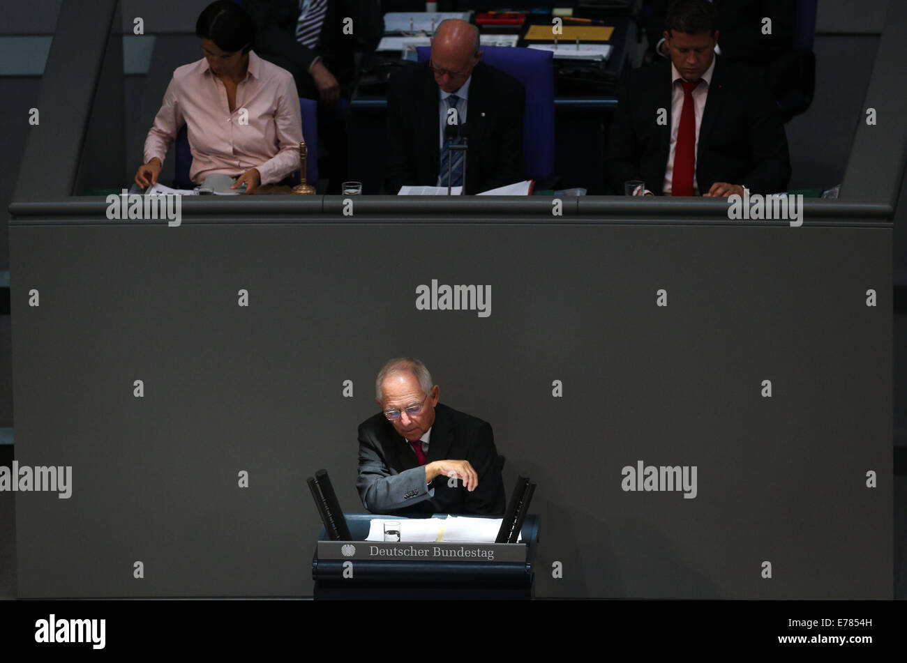 Berlin, Germany. 9th Sep, 2014. German Finance Minister Wolfgang Schaeuble (Front) speaks during a debate on the 2015 federal budget at the Bundestag, the lower house of parliament, in Berlin, Germany, on Sept. 9, 2014. Credit:  Zhang Fan/Xinhua/Alamy Live News Stock Photo