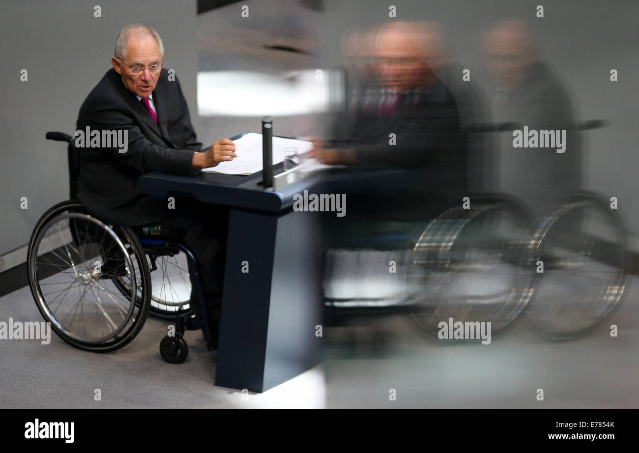 Berlin, Germany. 9th Sep, 2014. German Finance Minister Wolfgang Schaeuble speaks during a debate on the 2015 federal budget at the Bundestag, the lower house of parliament, in Berlin, Germany, on Sept. 9, 2014. Credit:  Zhang Fan/Xinhua/Alamy Live News Stock Photo