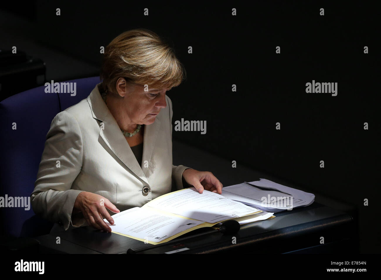Berlin, Germany. 9th Sep, 2014. German Chancellor Angela Merkel attends a debate on the 2015 federal budget at the Bundestag, the lower house of parliament, in Berlin, Germany, on Sept. 9, 2014. Credit:  Zhang Fan/Xinhua/Alamy Live News Stock Photo