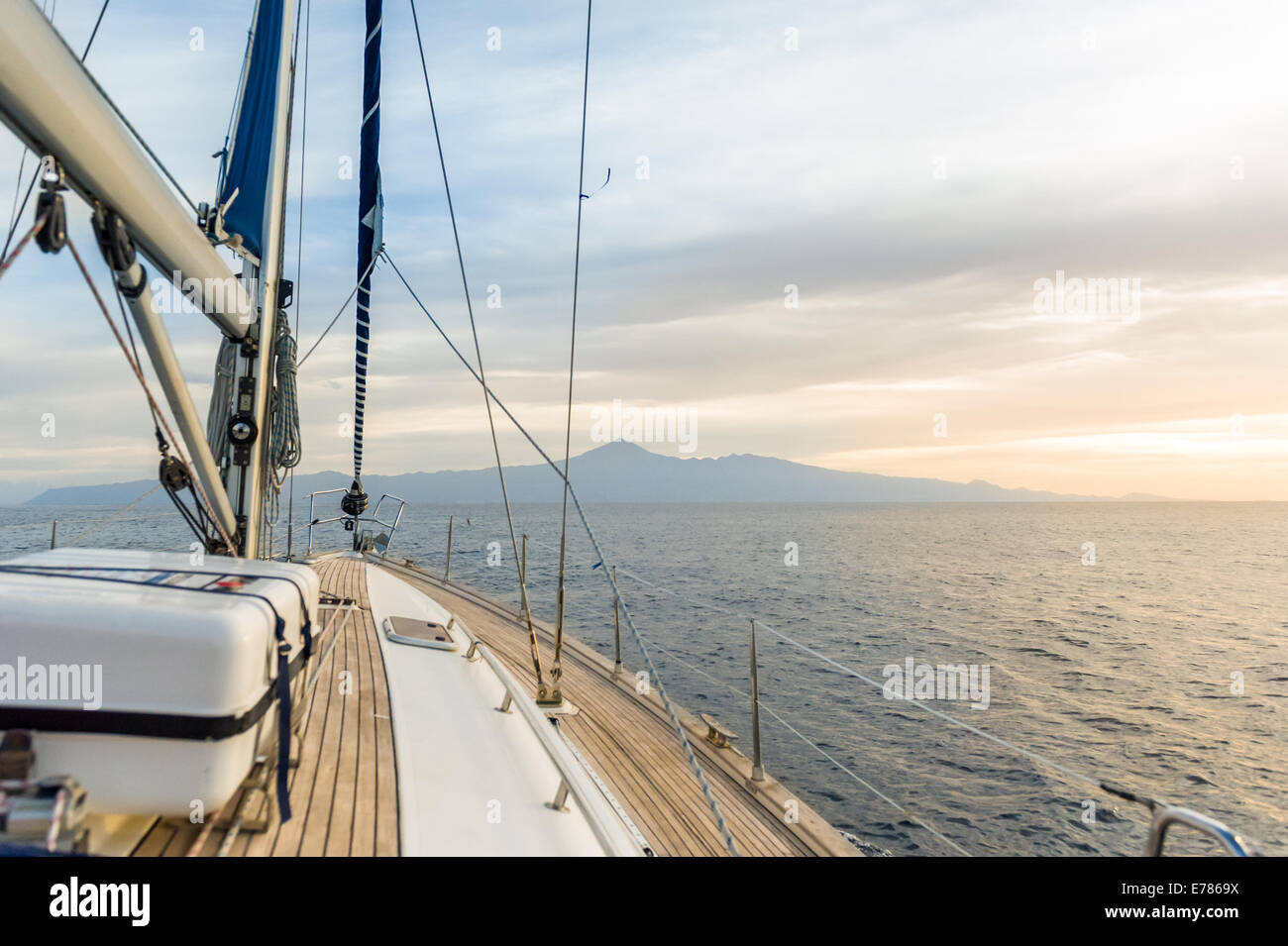 Sailing boat under power in calm seas Stock Photo Alamy
