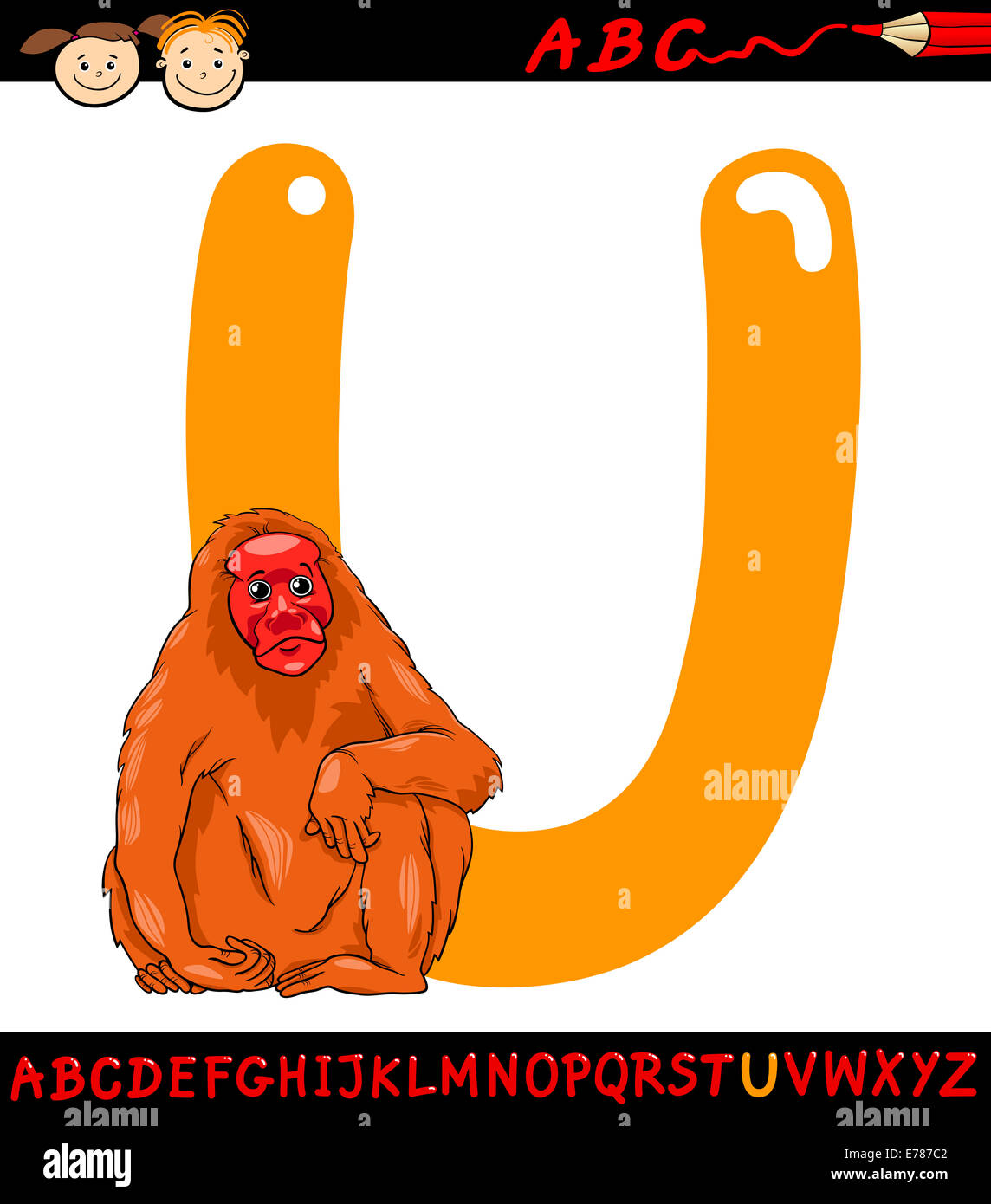Cartoon Illustration of Capital Letter U from Alphabet with Uakari ...
