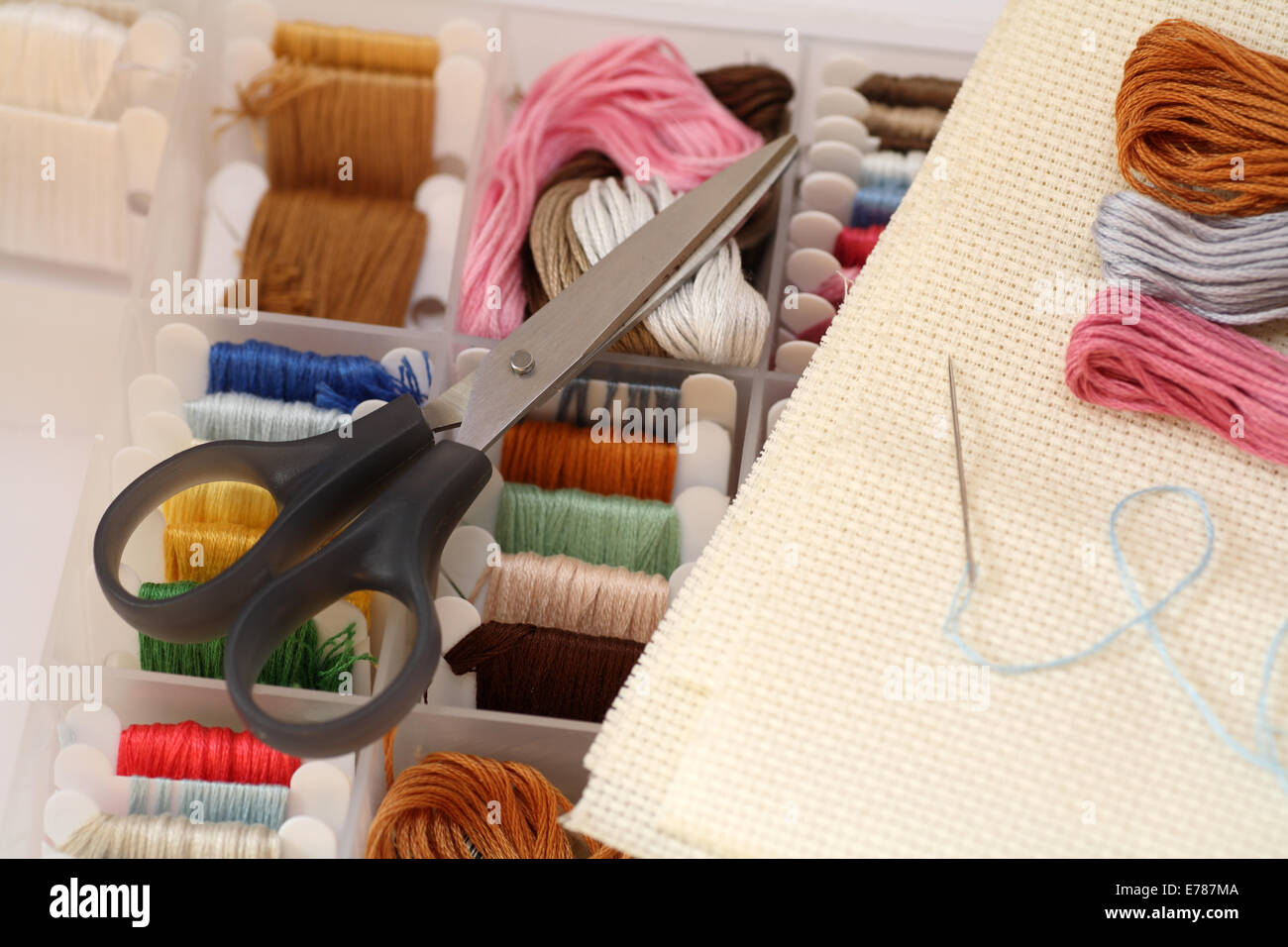 Preparations for embroidery (Cross-Stitch). Close-up Stock Photo