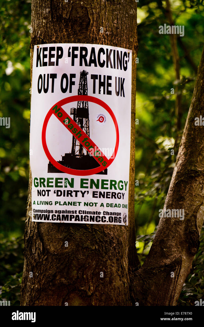 Anti fracking poster on a tree in Glastonbury. Glastonbury Festival 2014 Stock Photo