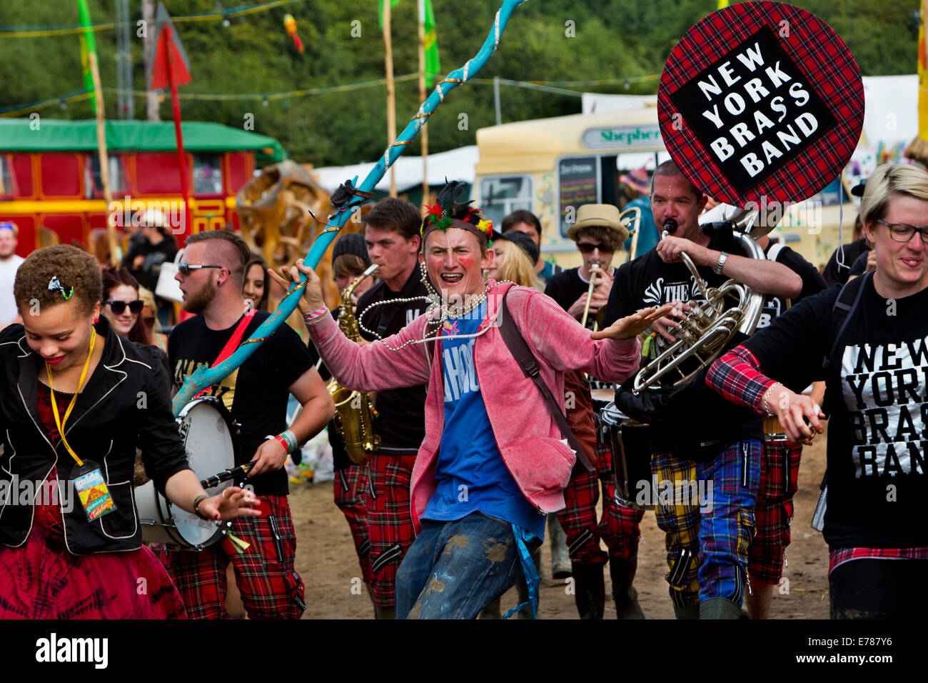 New York Brass Band stomping through Glastonbury festival. 2014 Stock Photo