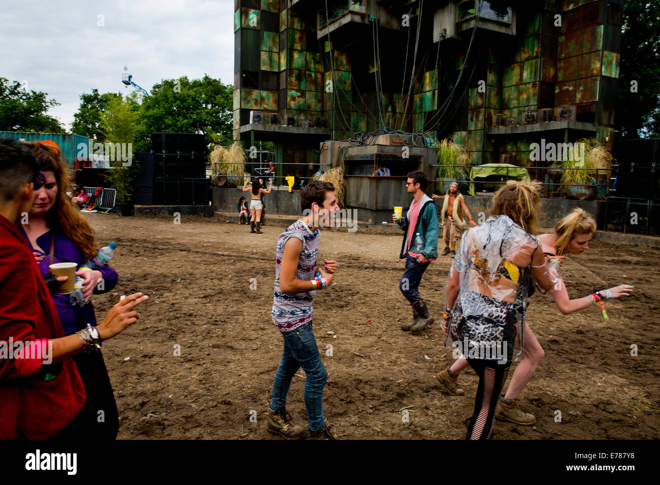Ravers in Block 9, Glastonbury Festival 2014 Stock Photo