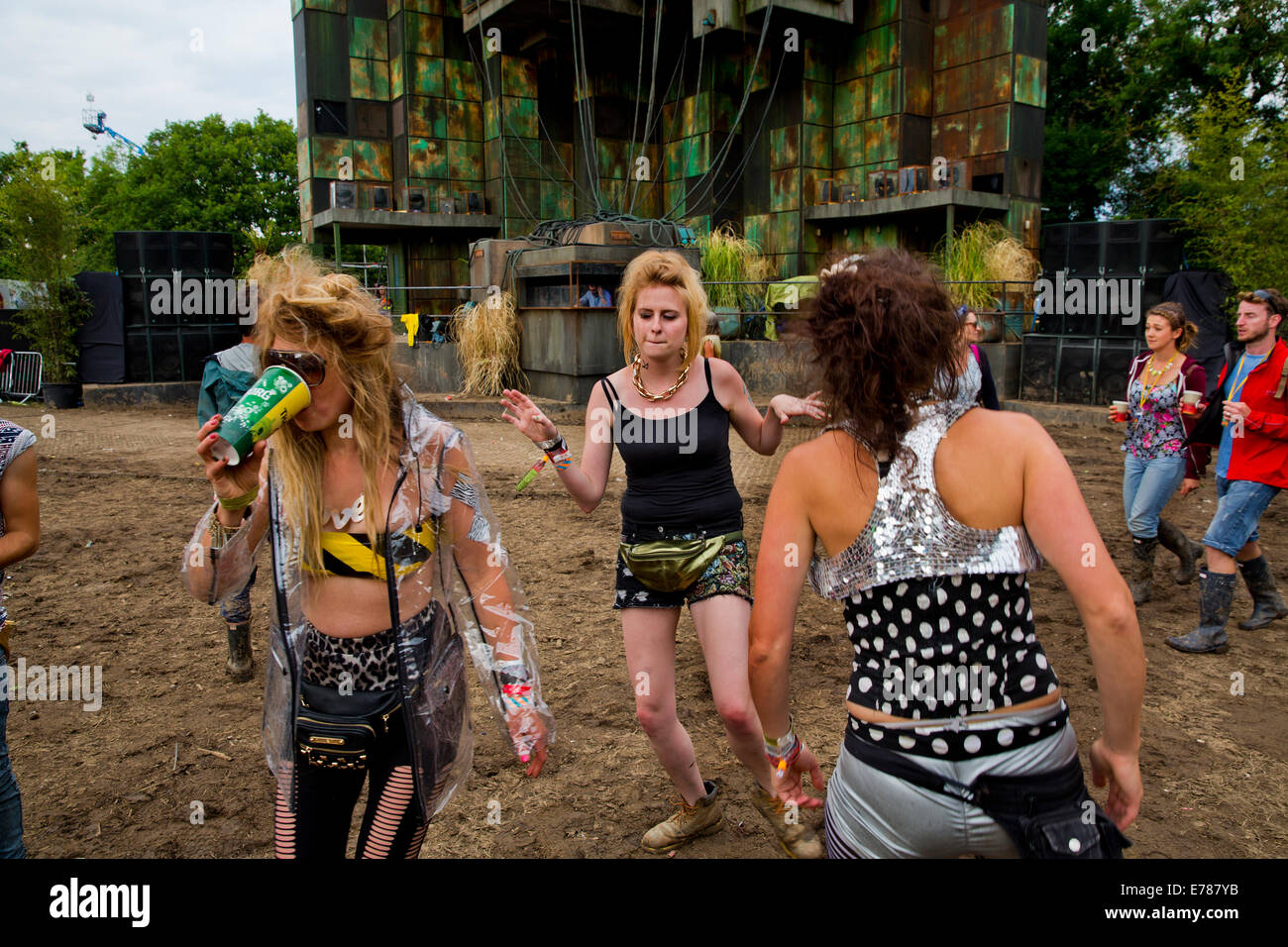 Ravers in Block 9, Glastonbury Festival 2014 Stock Photo