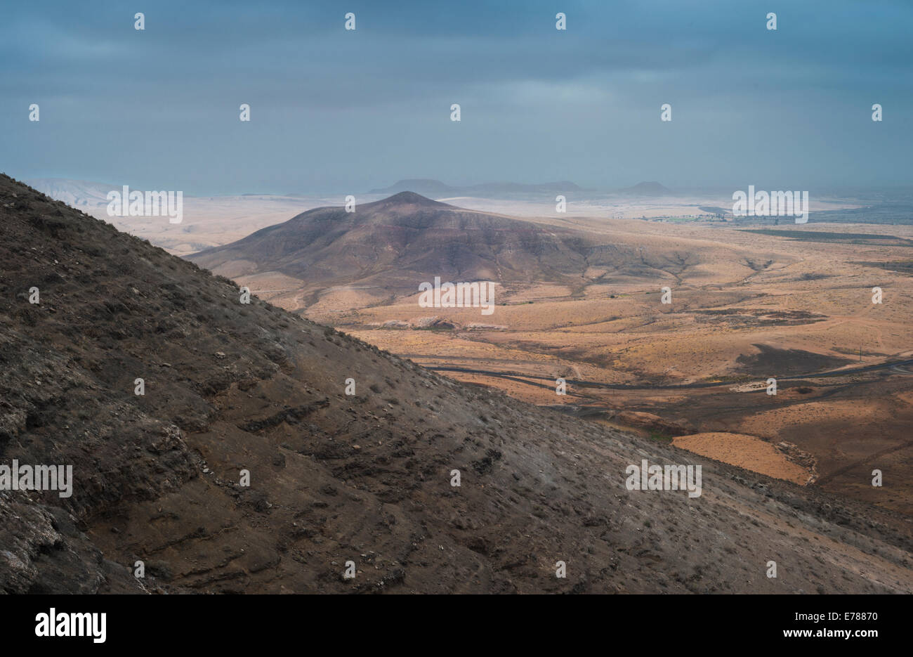 View over the arid landscape of north-western Fuerteventura, Canary Islands, from Mirador de Tababaire Stock Photo