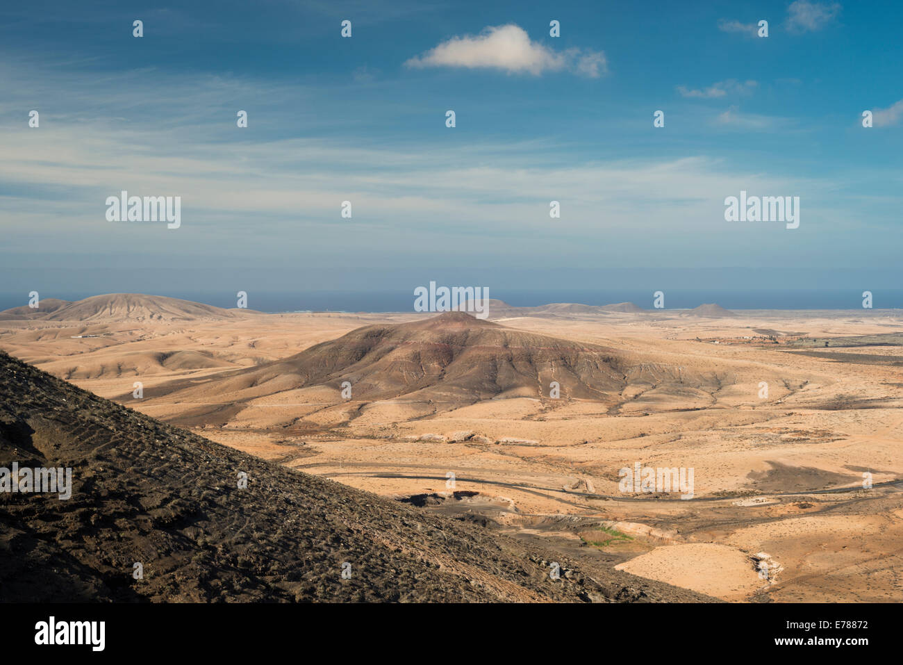 View over the arid landscape of north-western Fuerteventura, Canary Islands, from Mirador de Tababaire Stock Photo